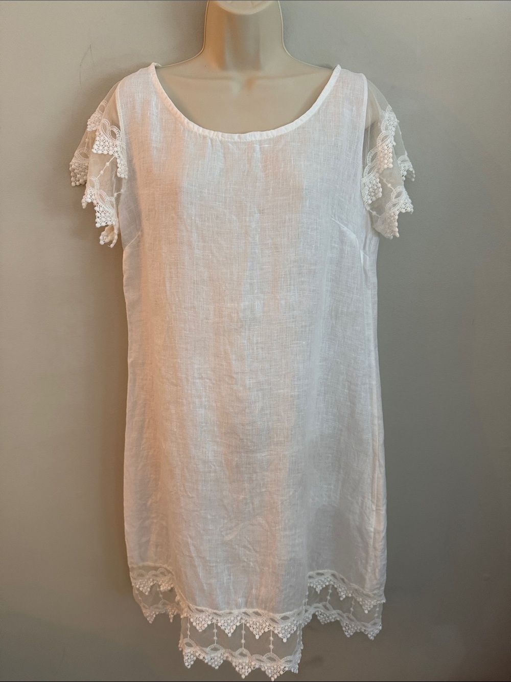 LOLA White Linen Midi Dress with Lace Trim - Small-Medium Cottage-core Whimsical